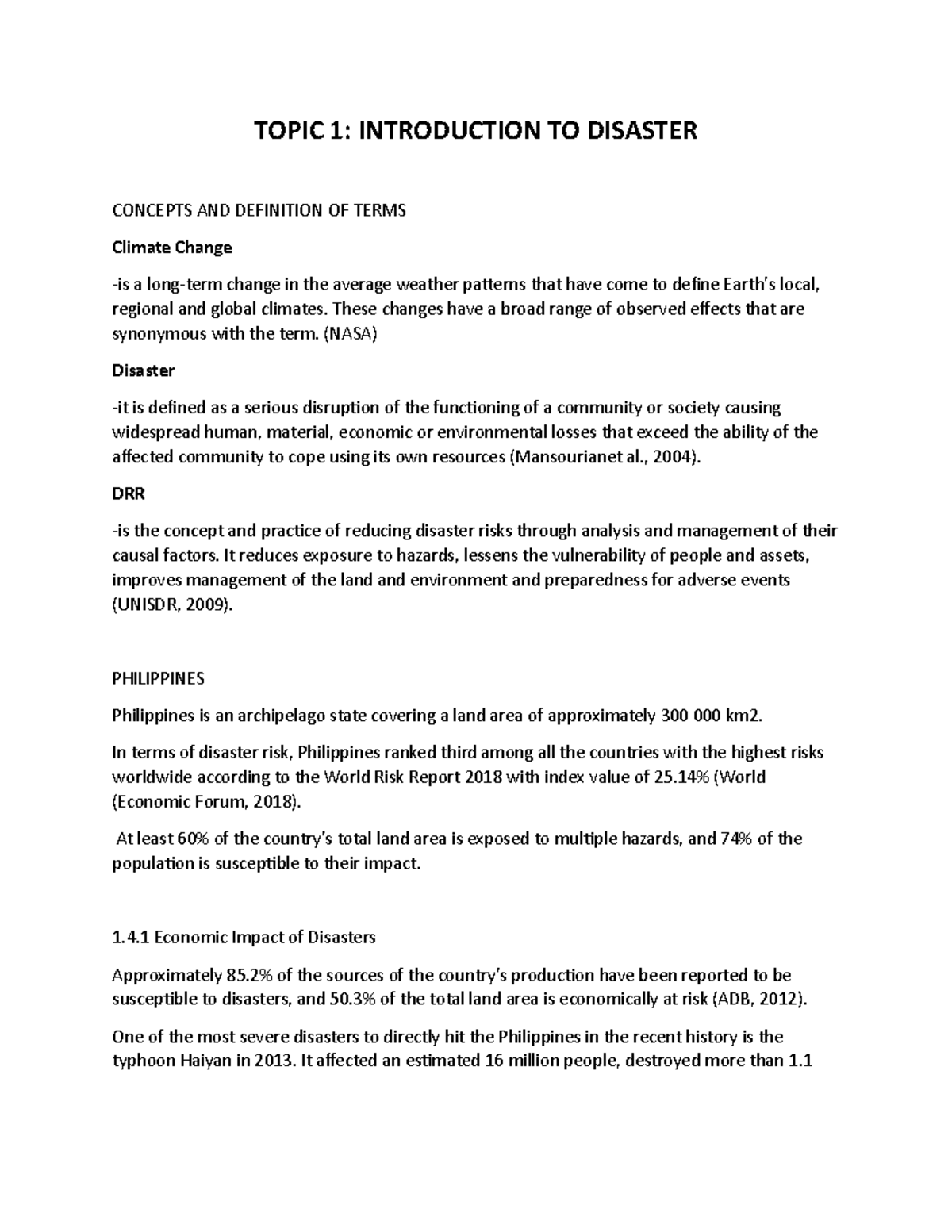 Topic 1 Introduction to Disaster TOPIC 1 INTRODUCTION TO DISASTER