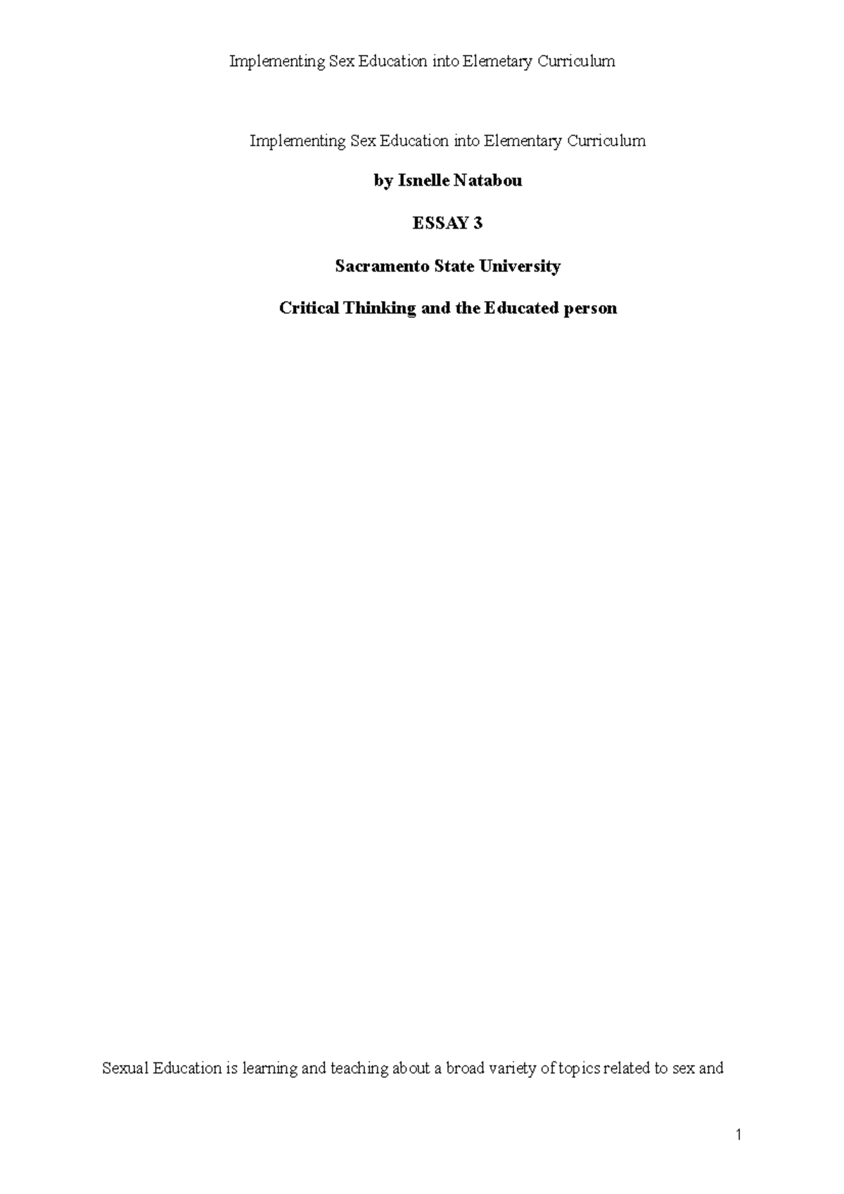 Essay 3 Edth Implementing Sex Education Into Elementary Curriculum By Isnelle Natabou Essay 3 7359