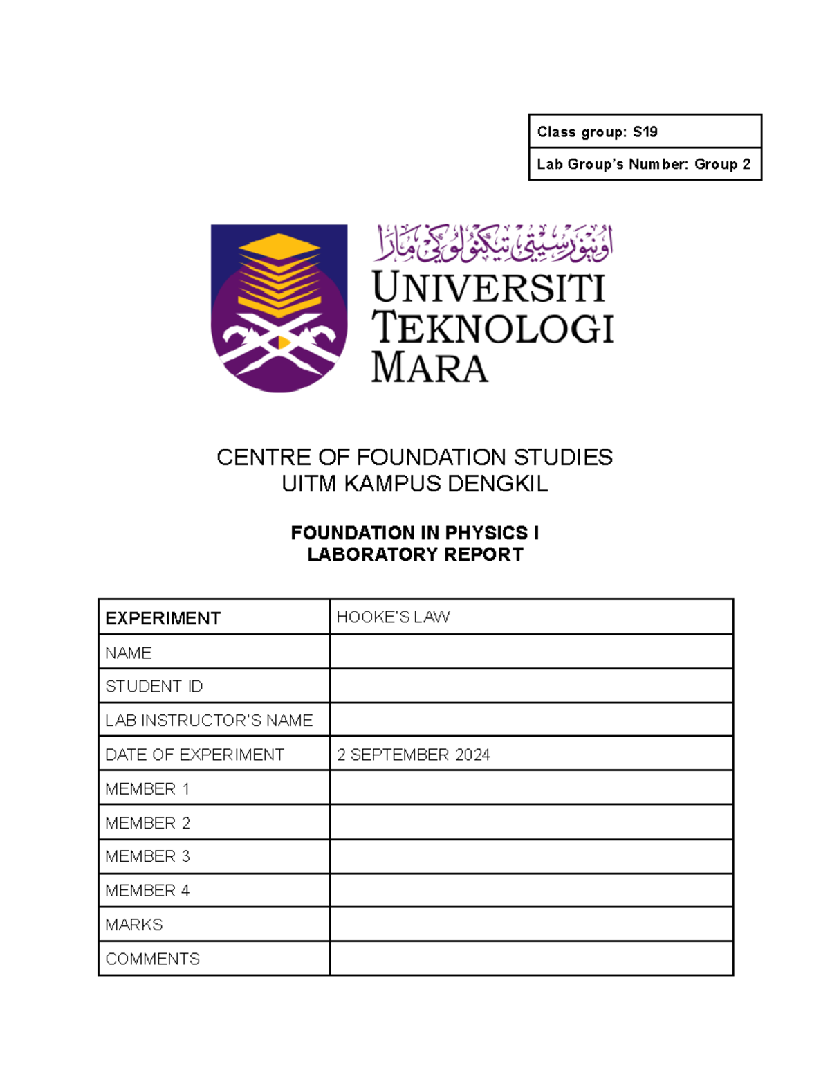PHY094 EXP 2 LAB Report Group 2 S19 - Class group: S Lab Group’s Number ...