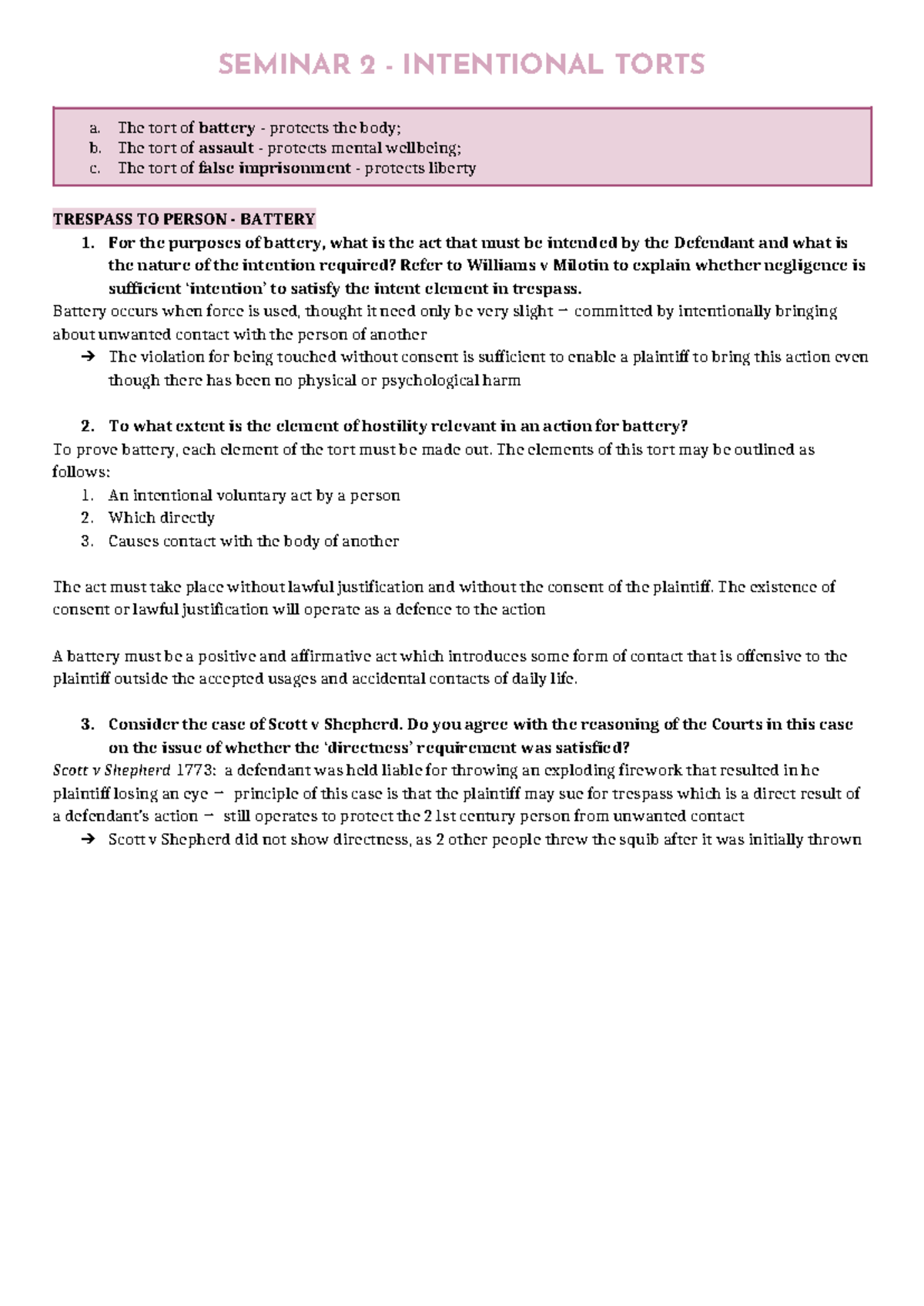 Seminar 2 Torts Questions - SEMINAR 2 - INTENTIONAL TORTS a. The tort ...