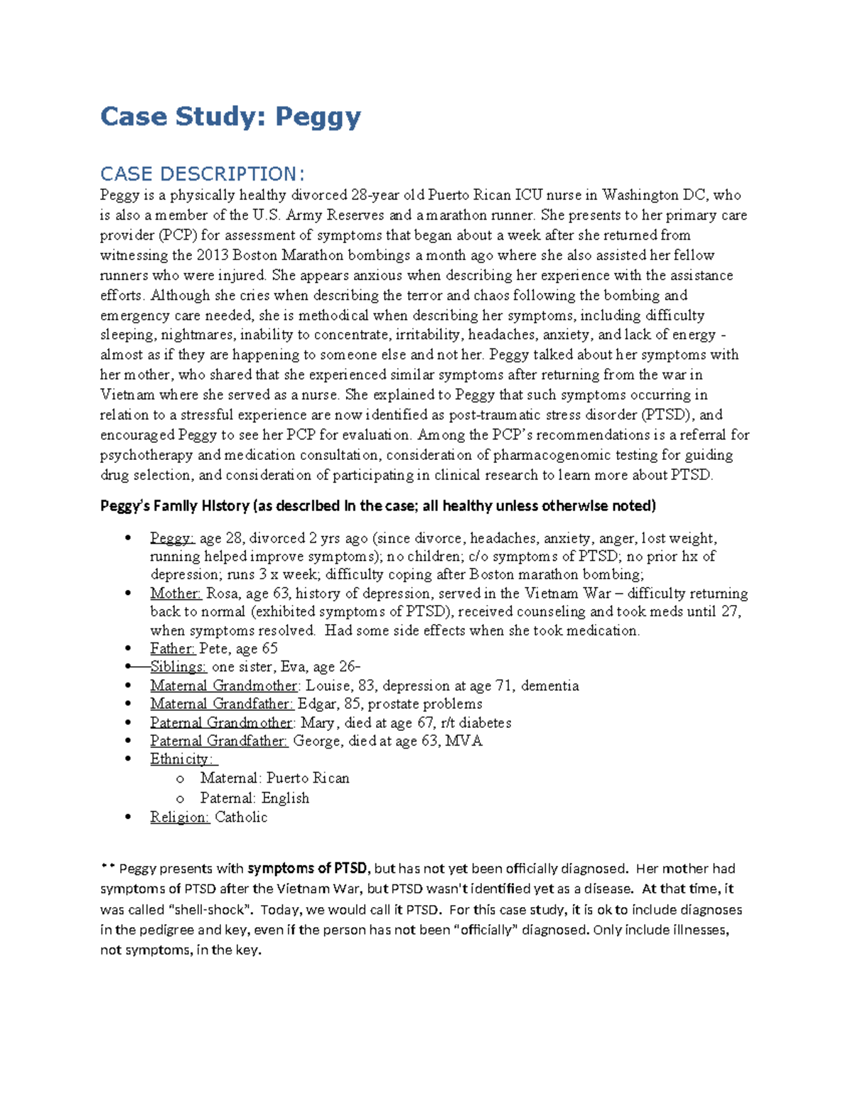 Drexel NURS 317 Peggy Transcript Case Study Peggy CASE DESCRIPTION