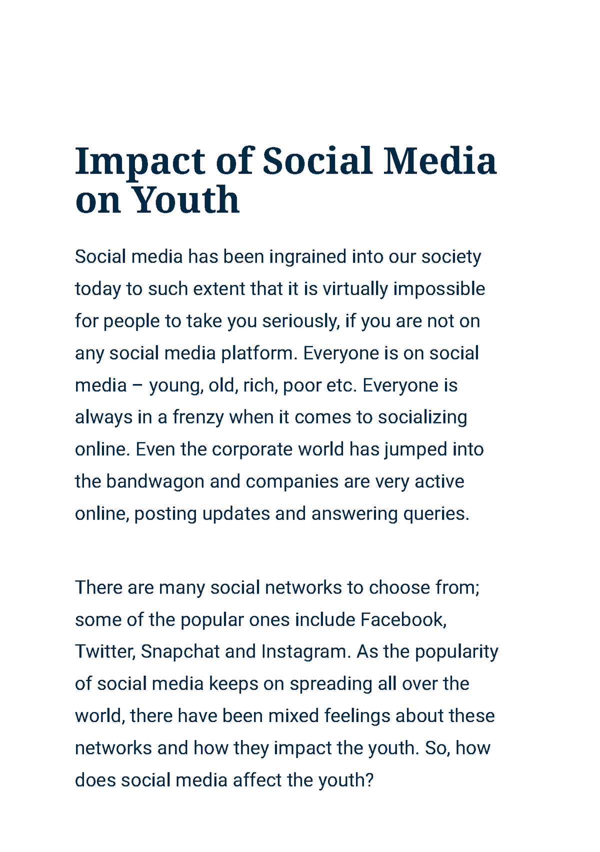 impact of social media on youth essay 120 words