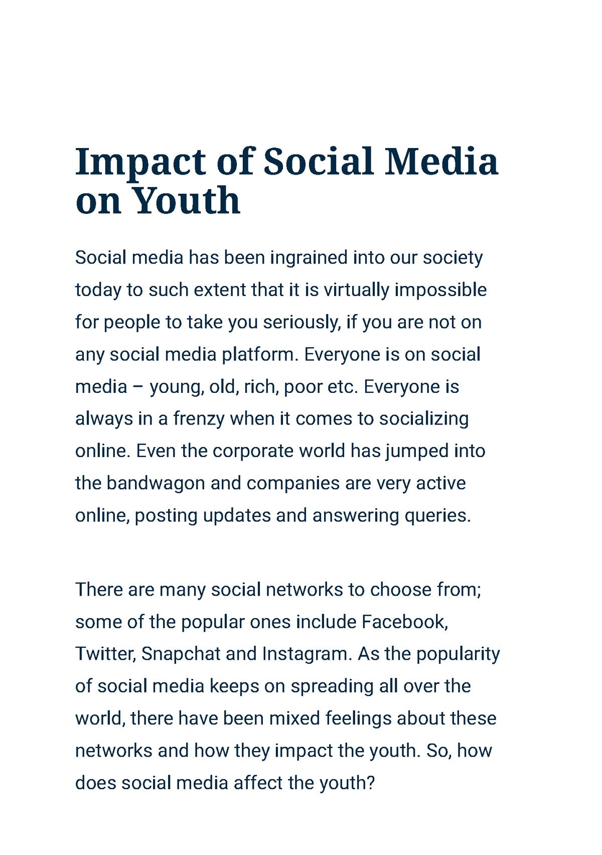 Impact Of Social Media On Youth Impact Of Social Media On Youth 