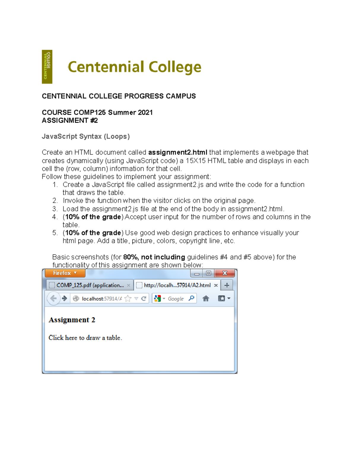 COMP125Assignment 2M21 - CENTENNIAL COLLEGE PROGRESS CAMPUS COURSE ...