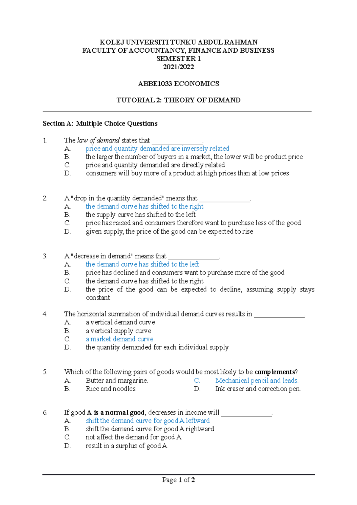 Tutorial 2 Economics Kolej Universiti Tunku Abdul Rahman Faculty Of Accountancy Finance And Tutorial 2 Economics Kolej Universiti Tunku Abdul Rahman Faculty Of Accountancy Finance And