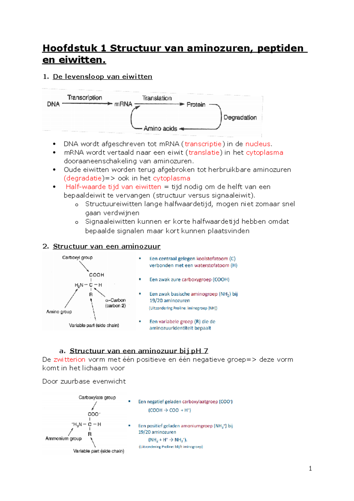 H1-6 Biochemie - Samenvatiting - Hoofdstuk 1 Structuur Van Aminozuren ...