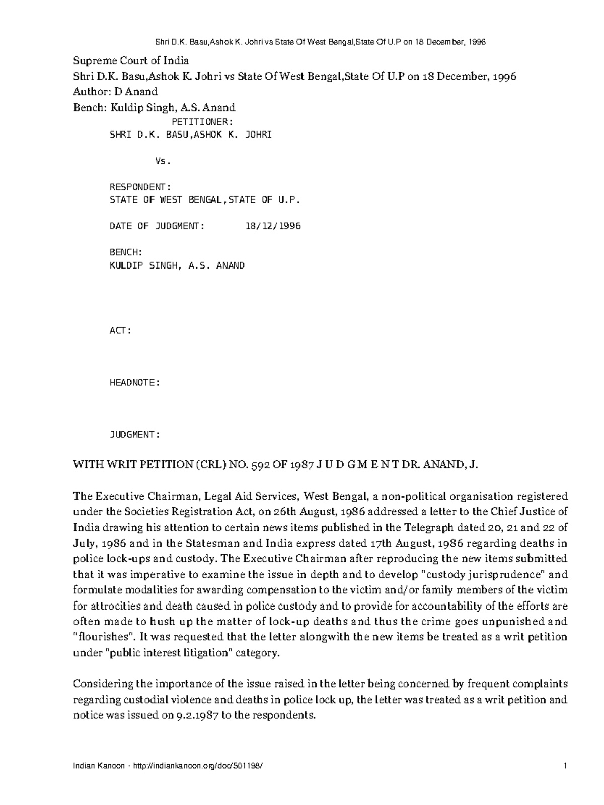 Shri D K Basu Ashok K Johri vs State Of West Bengal State Of U P on 18