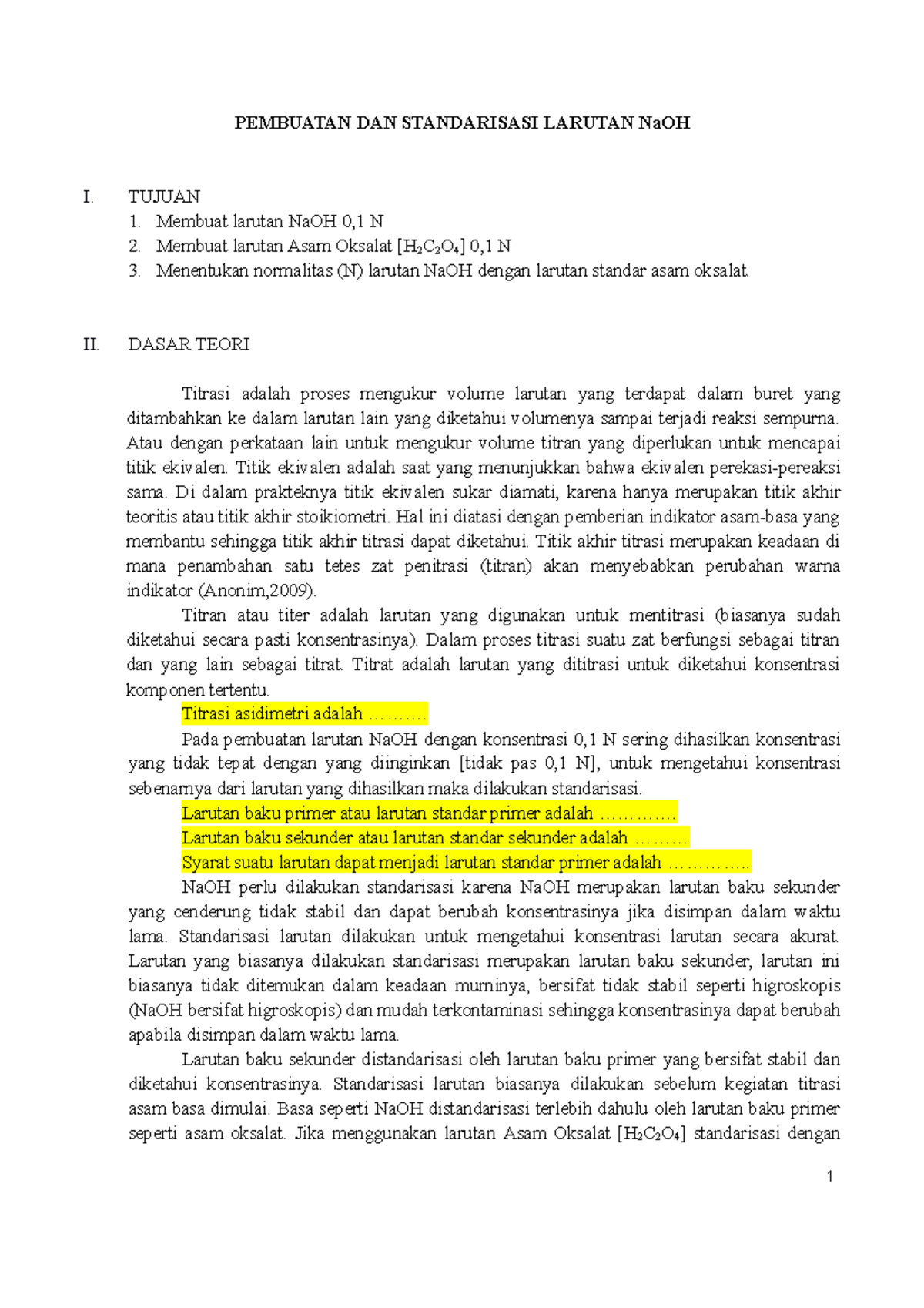 Praktikum Standarisasi Larutan Na OH Fix-1 - PEMBUATAN DAN STANDARISASI ...