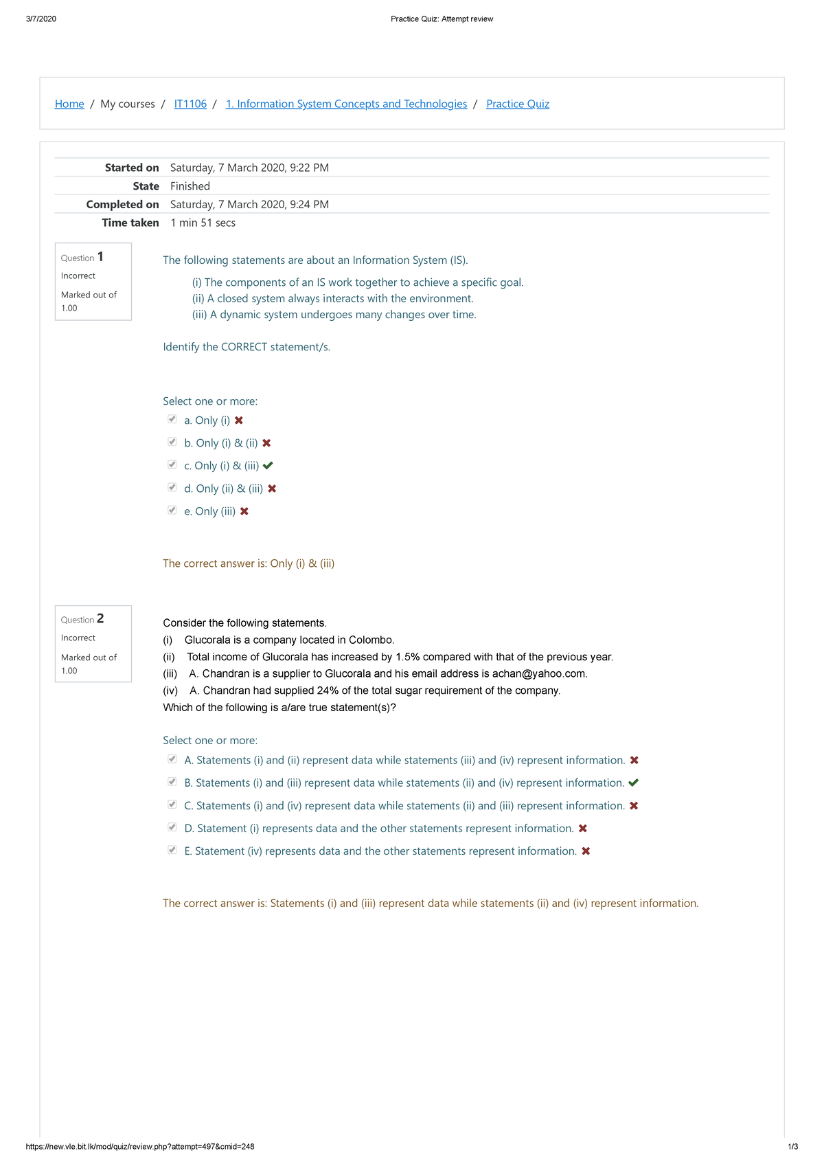 Practice Quiz Attempt review - vle.bit/mod/quiz/review.php?attempt=497 ...