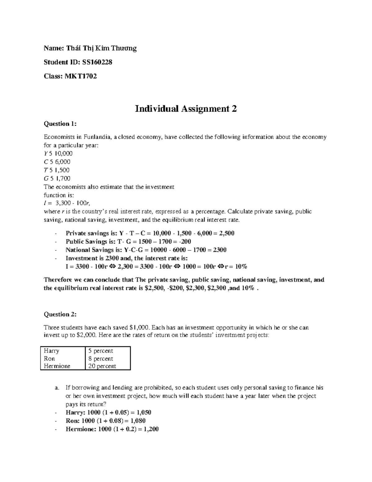 Assigment 2 - ECO201 - Name: Thái Thị Kim Thương Student ID: SS Class ...