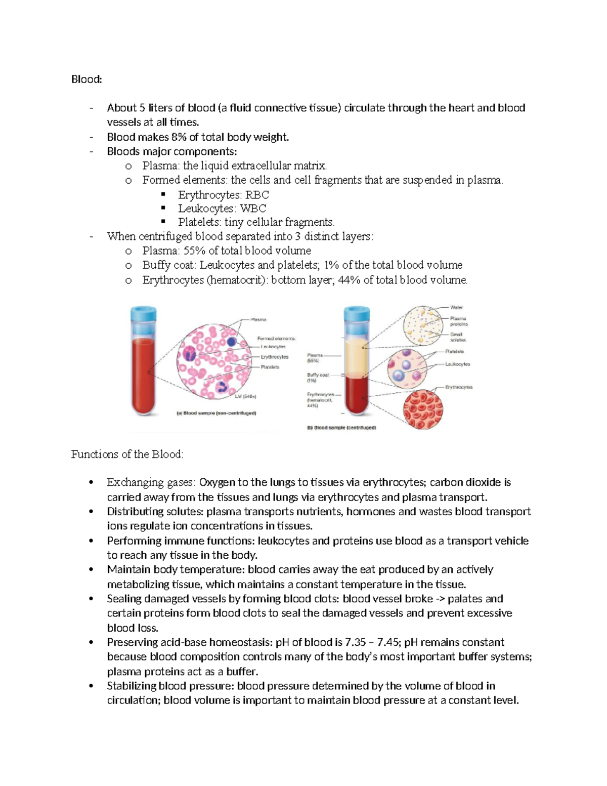 Blood - Blood: - About 5 liters of blood (a fluid connective tissue ...