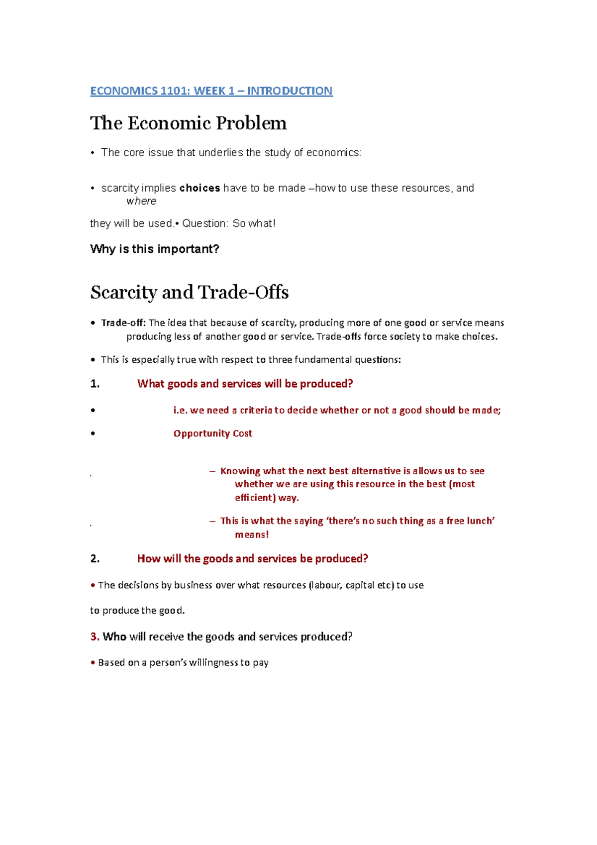 Comprehensive Notes, Lecture 1 - ECONOMICS 1101: WEEK 1 INTRODUCTION ...