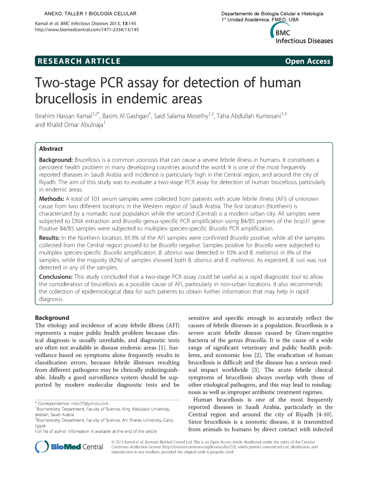 Two-stage PCR Assay For Detection Of Human Brucellosis In Endemic Areas ...