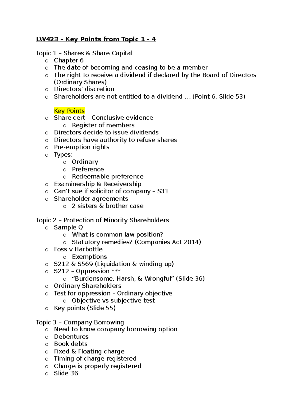 LW423: Key Points from Topics 1 - 4 - LW423 – Key Points from Topic 1 ...