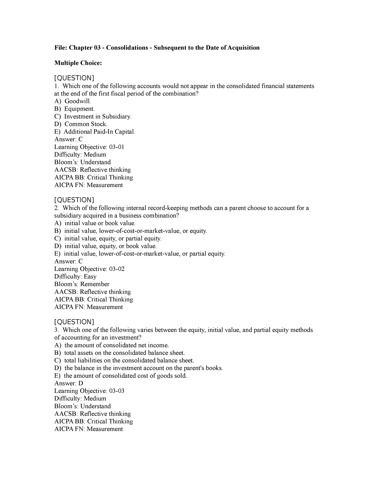 Chap 3 Test Bank - Cscsssdcsdq - File: Chapter 03 - Consolidations ...