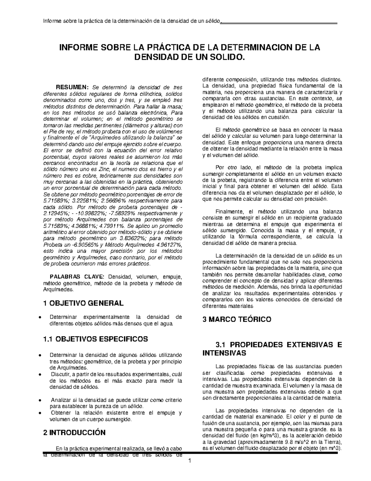 Informe Sobre La Practica De La Determinacion De La Densidad De Un Solido Informe Sobre La