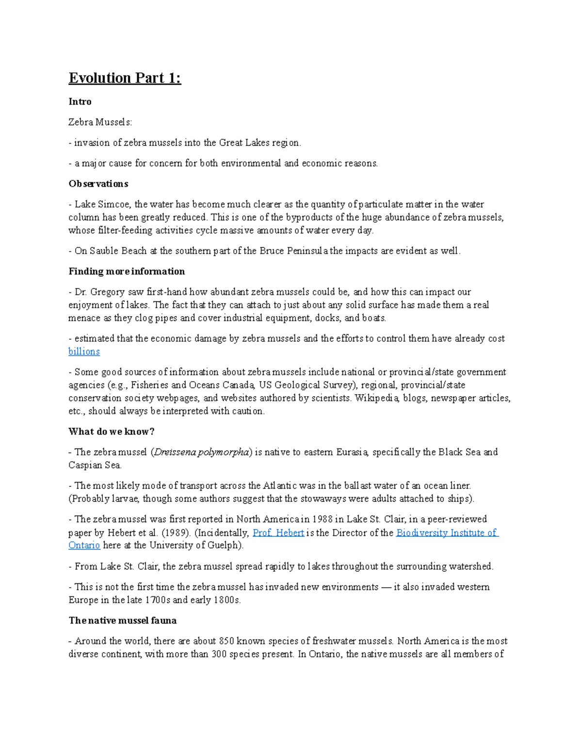 Reading Quiz 1 Notes Bio Evolution Part 1 Intro Zebra Mussels