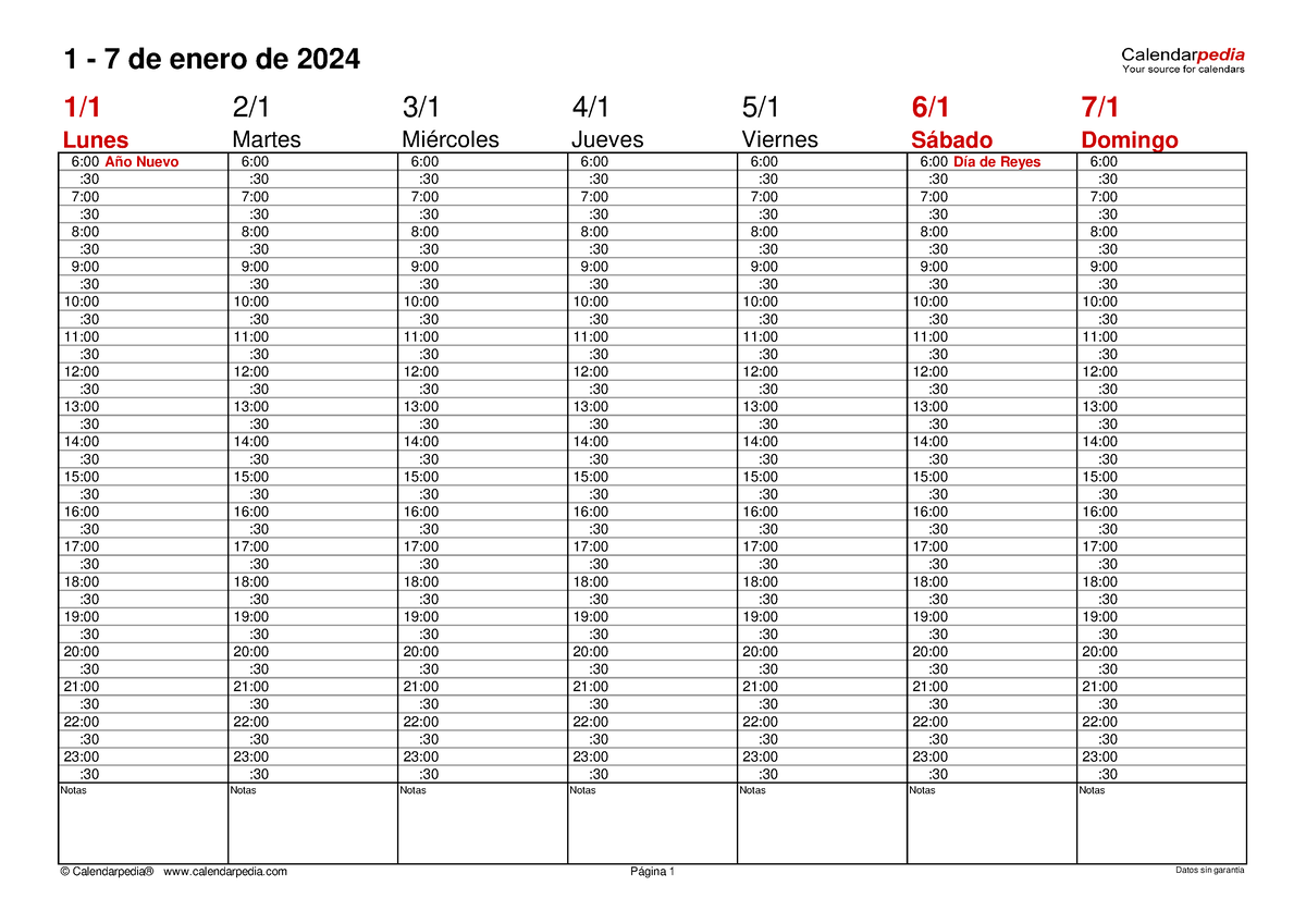 Calendario semanal 2024 1 7 de enero de 2024 600 600 600 Año