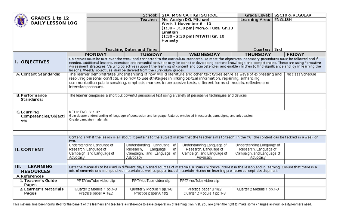 Dll-Q2-week-2 eng gr. 10 - GRADES 1 to 12 DAILY LESSON LOG School: STA ...