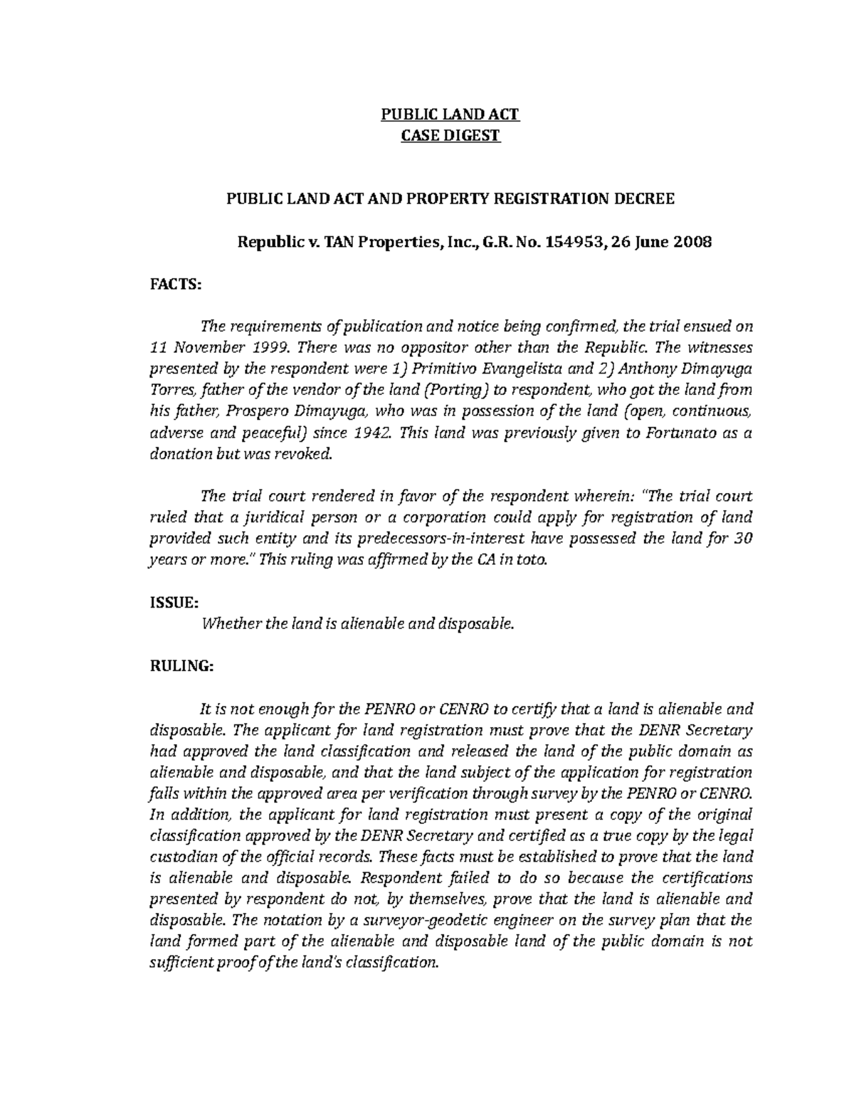 Public LAND ACT CASE Digests PUBLIC LAND ACT CASE DIGEST PUBLIC LAND ACT AND PROPERTY