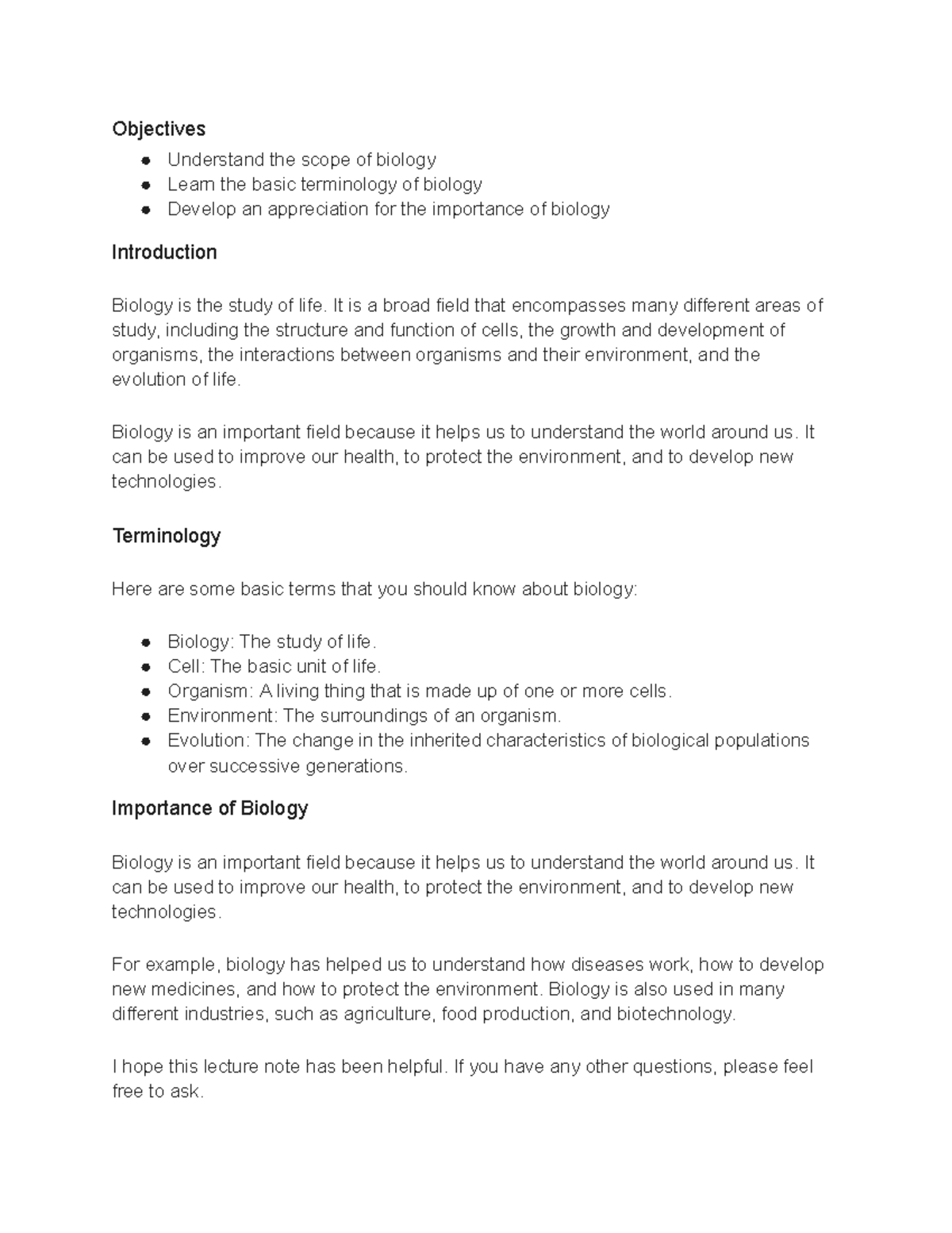 Lecture 1 Introduction To Biology - Objectives Understand The Scope Of ...