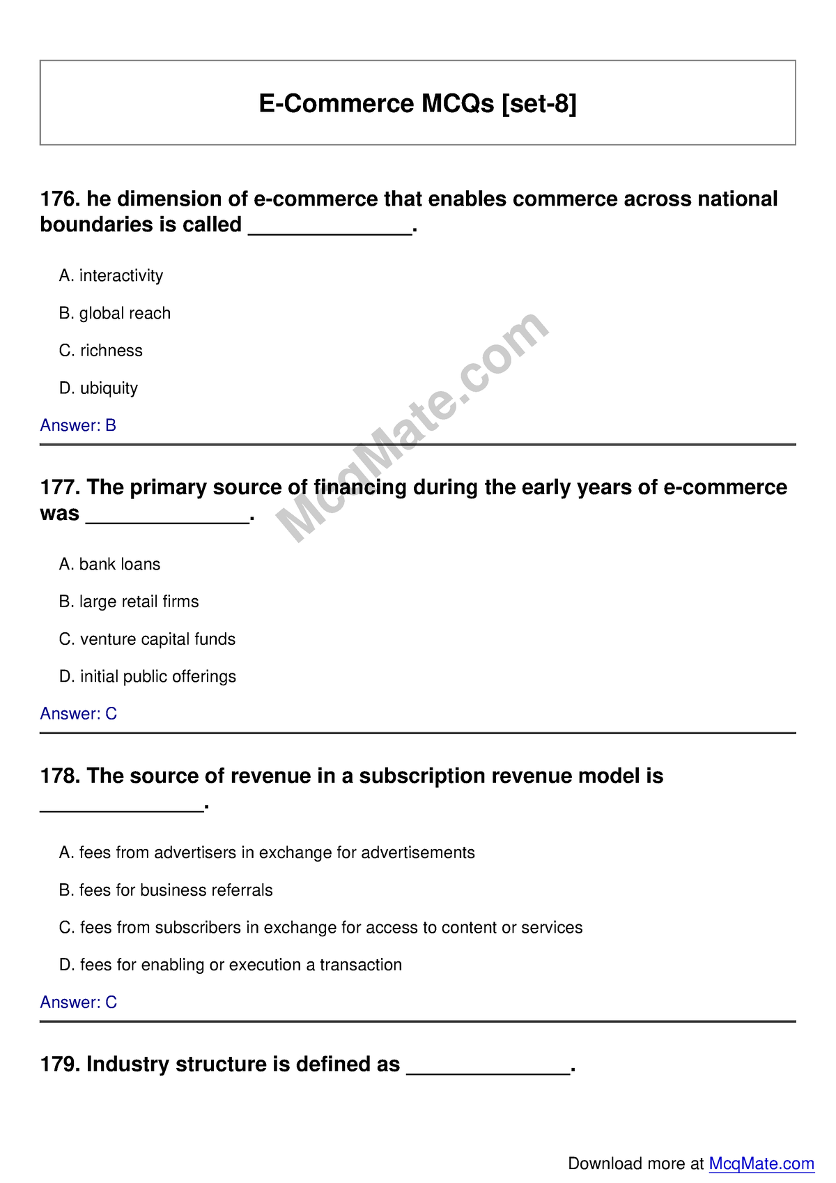 E-Commerce Solved MCQs [set-8] Mcq Mate - E-Commerce MCQs [set-8] 176 ...