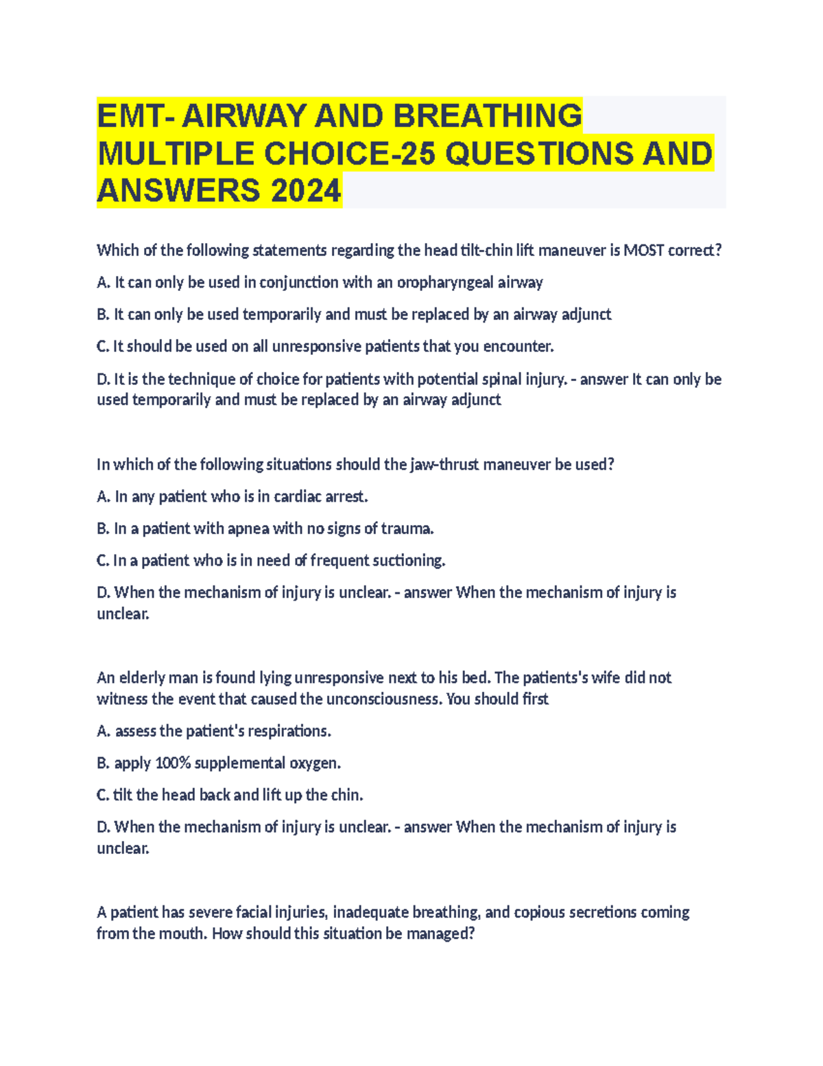 EMT- AIRWAY AND BREATHING MULTIPLE CHOICE-25 QUESTIONS AND ANSWERS 2024 ...