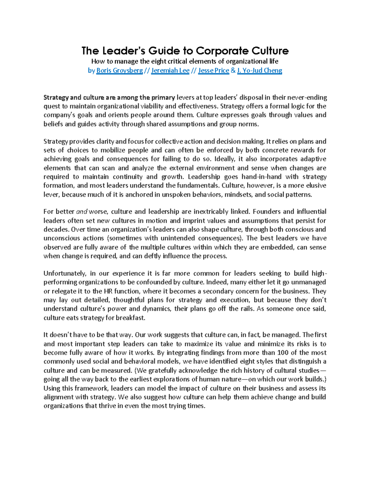 Corporate Culture - The Leader’s Guide to Corporate Culture How to ...