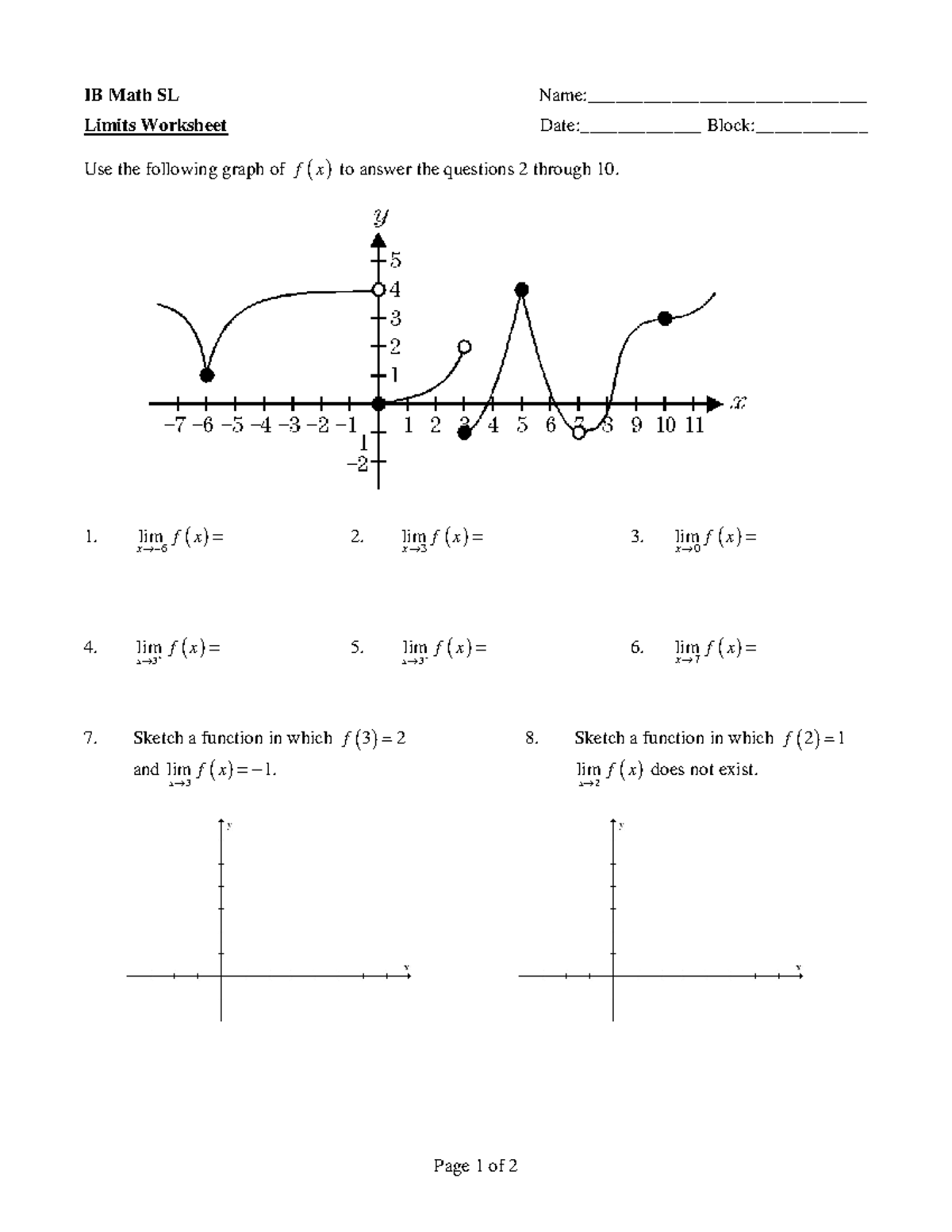Worksheet on Limits - jhj - Page 1 of 2 IB Math SL Name ...