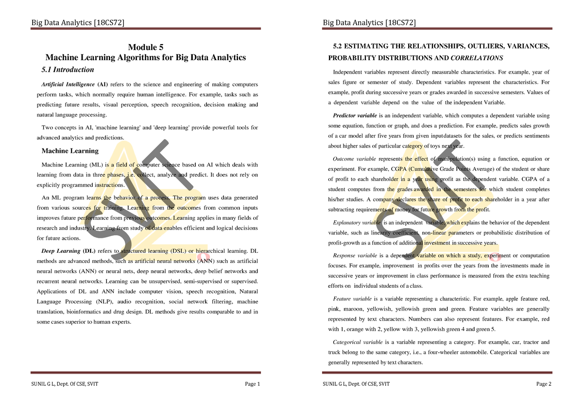 BDA 5 - IT IS BEST NOTES - Module 5 Machine Learning Algorithms For Big ...