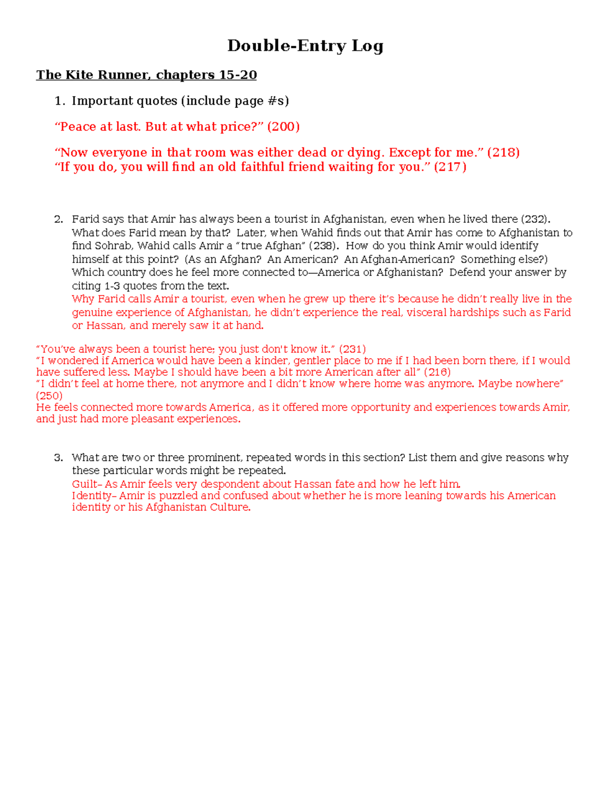 DEJ Kite Runner 15201 DoubleEntry Log The Kite Runner, chapters 15