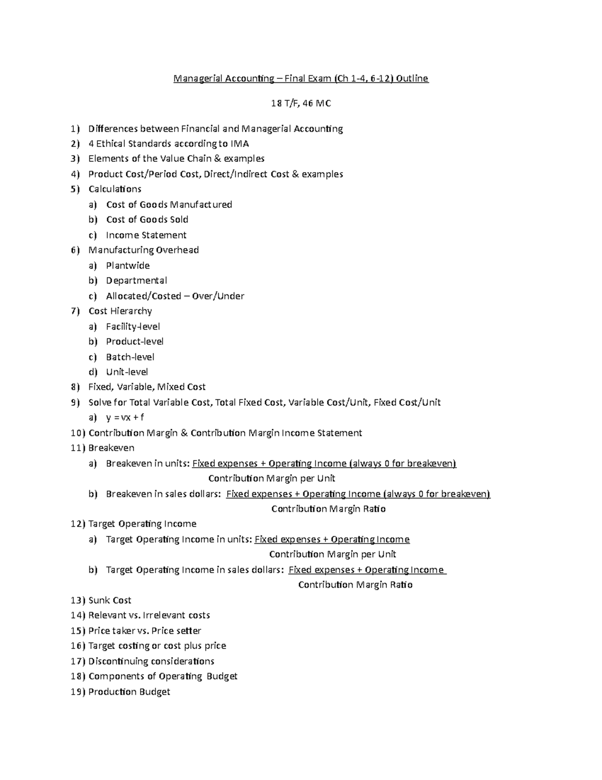223 Final Exam Outline Spring 2022 Managerial Accounting Final