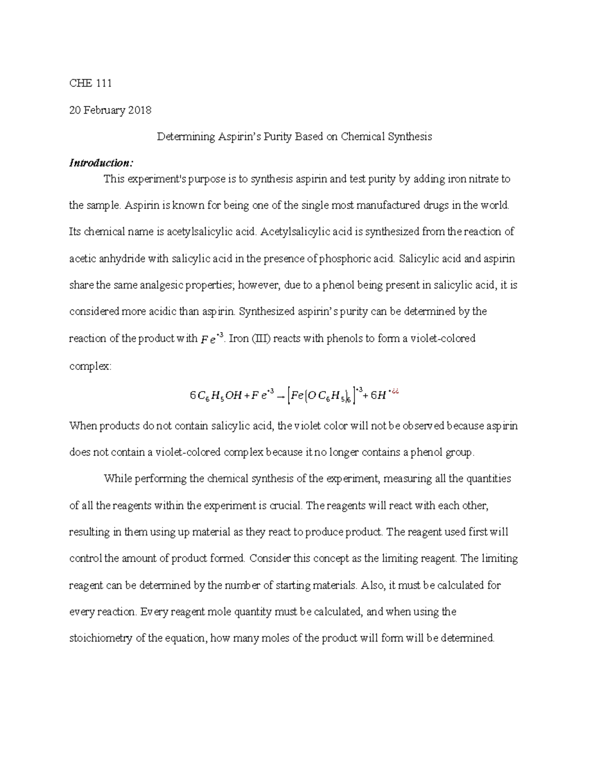 Experiment 5 Synthesis of Aspirin - CHE 111 20 February 2018 ...