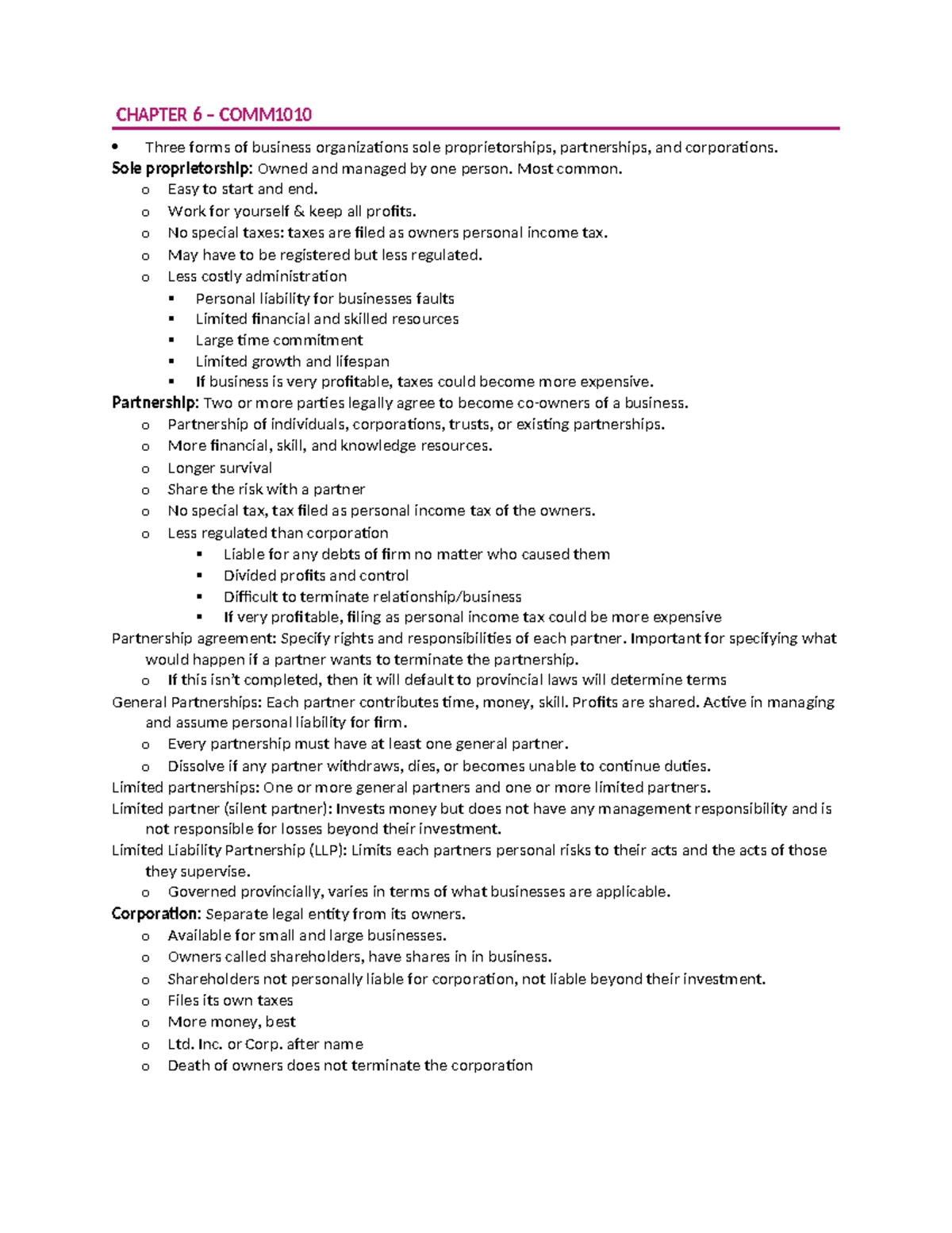 Chapter 6 & 7 Textbook notes - CHAPTER 6 – COMM Three forms of business ...