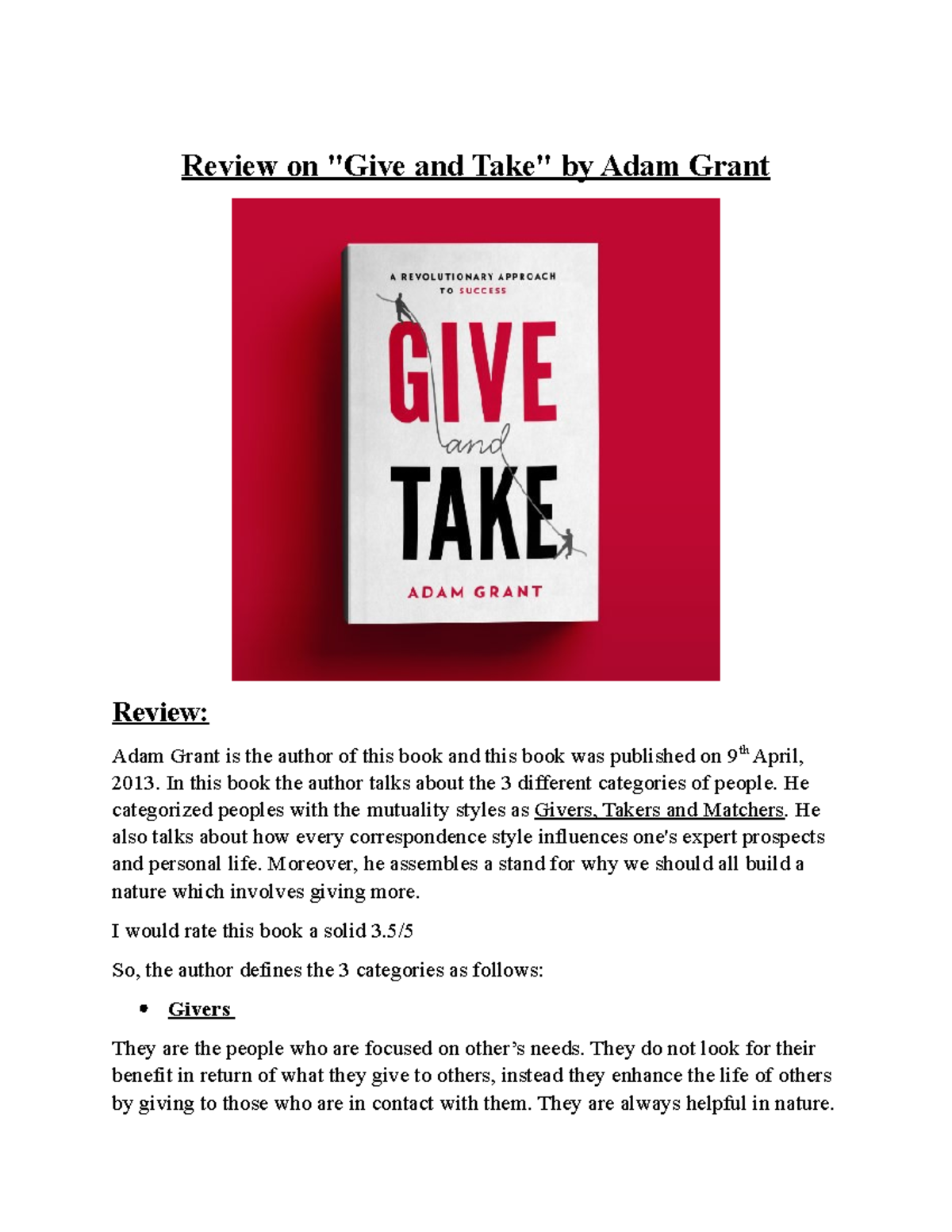 book review on give and take - Review on "Give and Take" by Adam Grant