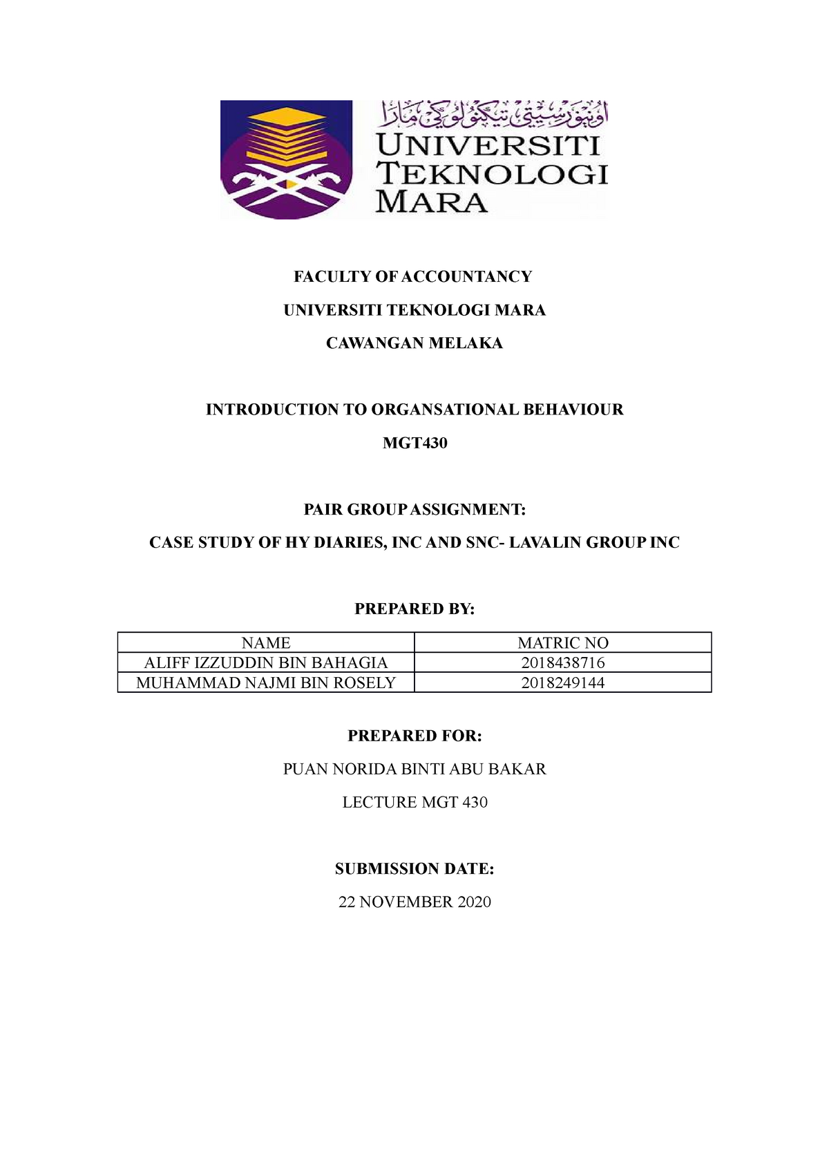 MGT430 CASE Study - Lecture Notes 2 Bla Bla - FACULTY OF ACCOUNTANCY ...