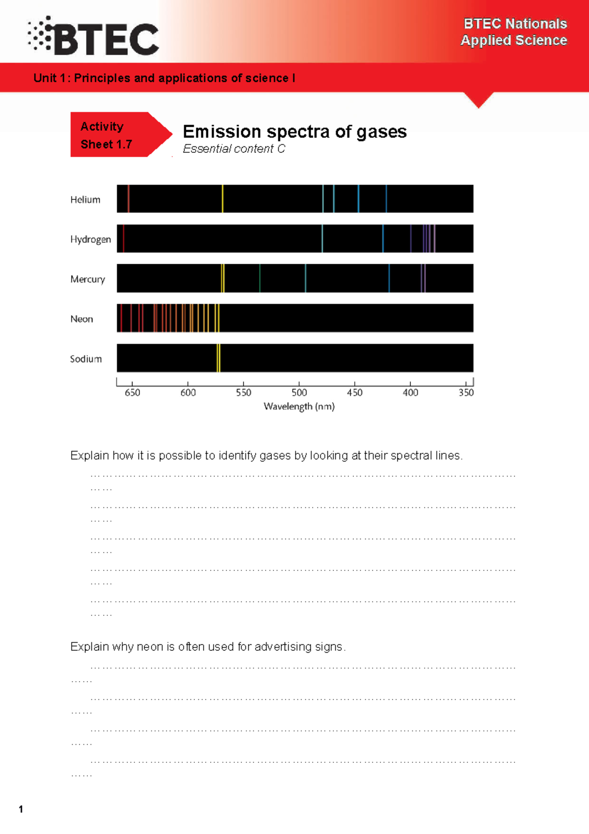 Unit 1 Physics - Emission Spectra Homework - Emission spectra of gases ...