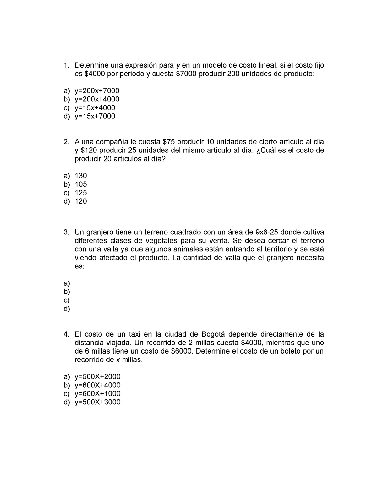 Taller 4 Aplicacion de las ecuaciones lineales y cuadraticas - Determine  una expresión para y en un - Studocu