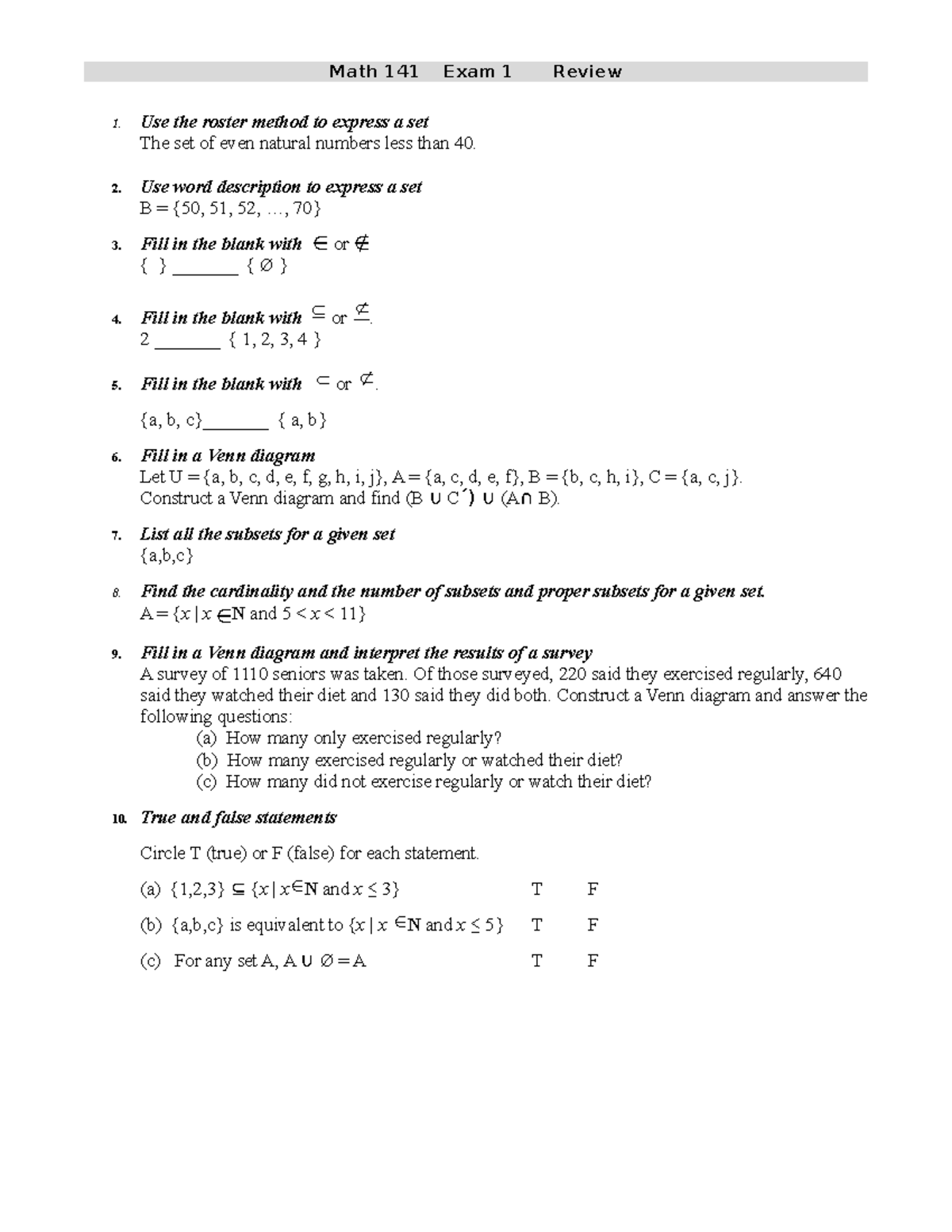 141 Exam1 review - note - Math 141 Exam 1 Review Use the roster method ...