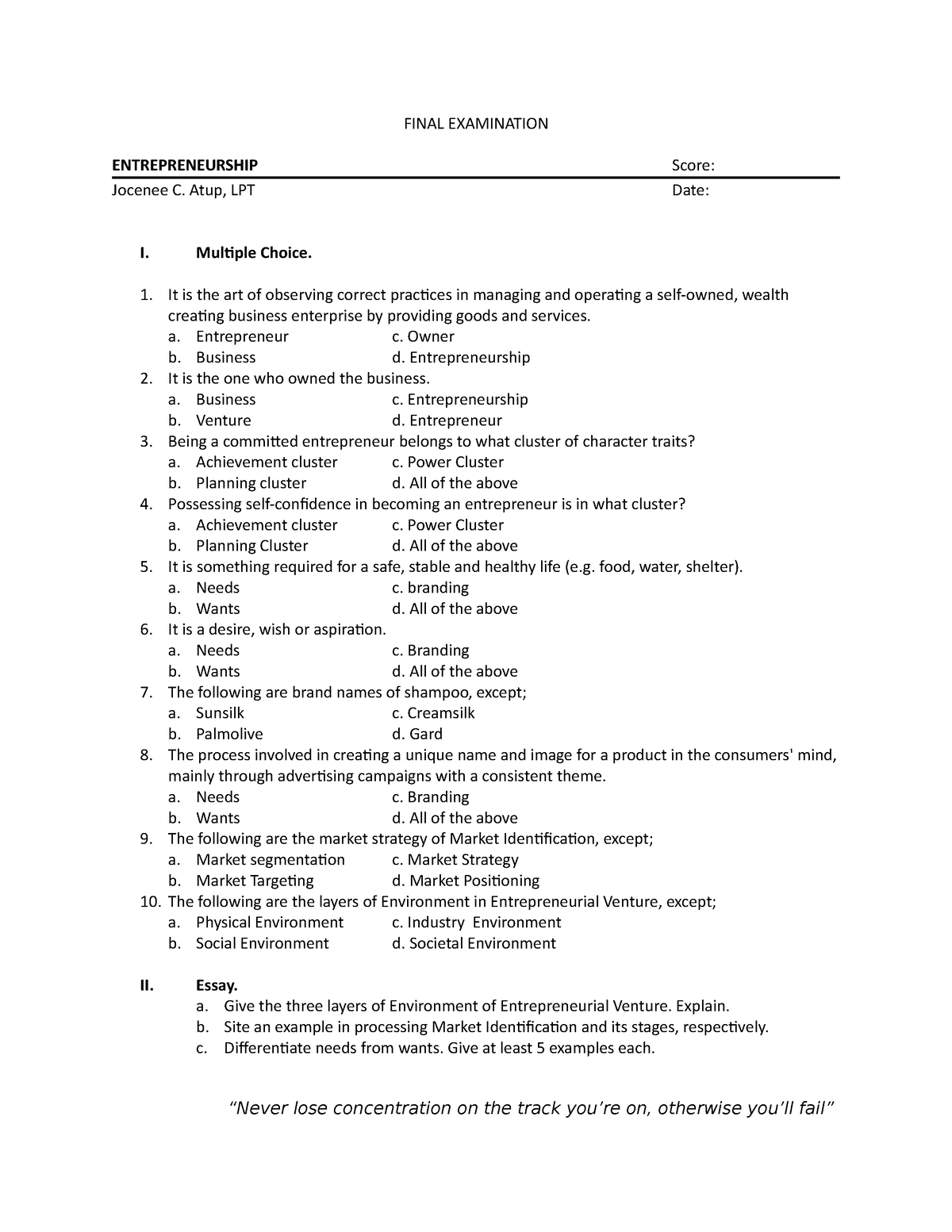 Entrep Final Examination - FINAL EXAMINATION ENTREPRENEURSHIP Score ...