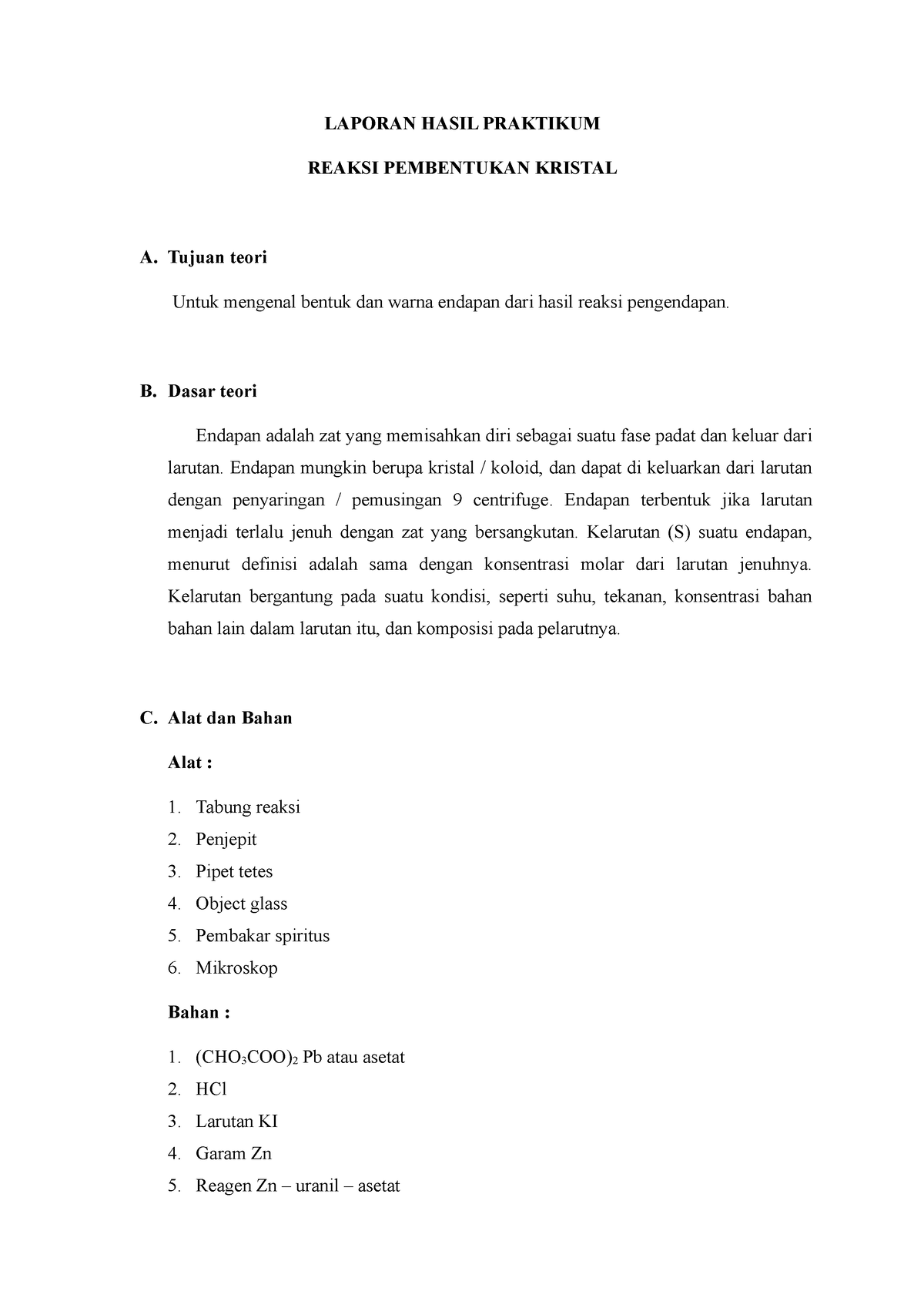 Laporan Praktikum Reaksi Pembentukan Kristal Laporan Hasil Praktikum Reaksi Pembentukan 2461