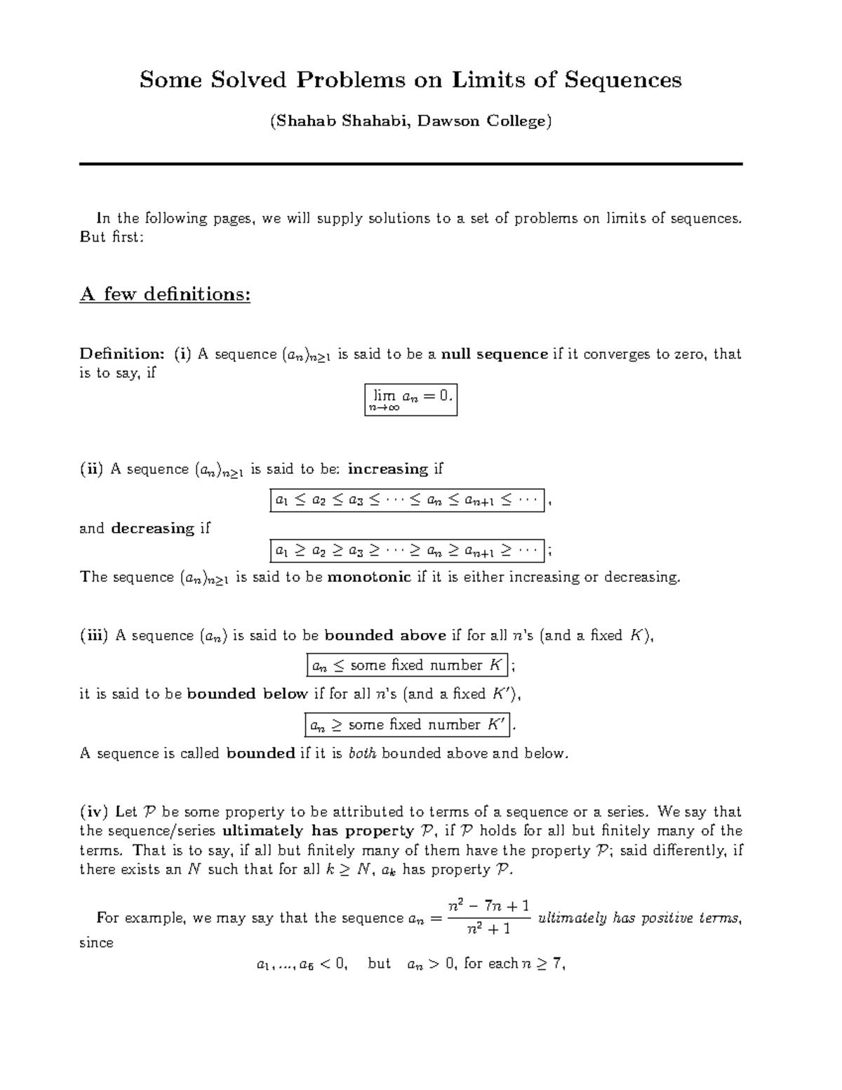 Sequences - Some Solved Problems on Limits of Sequences (Shahab Shahabi ...