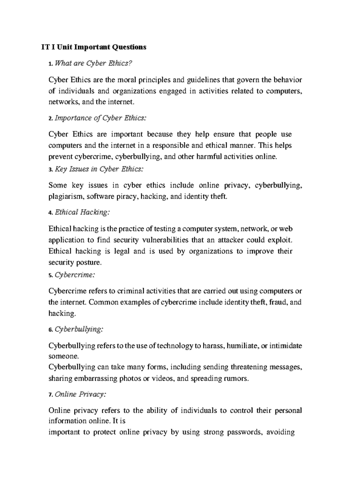 IT I Unit Important Questions - What are Cyber Ethics? Cyber Ethics are ...
