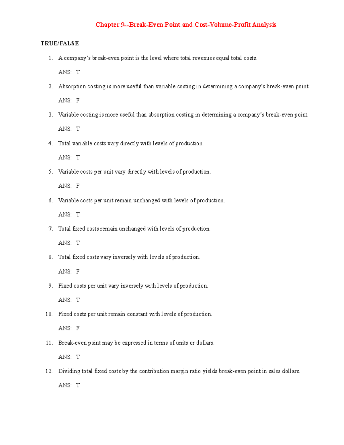 Ch09 Break-Even Point and Cost-Volume-Profit Analysis - Chapter 9-Break ...