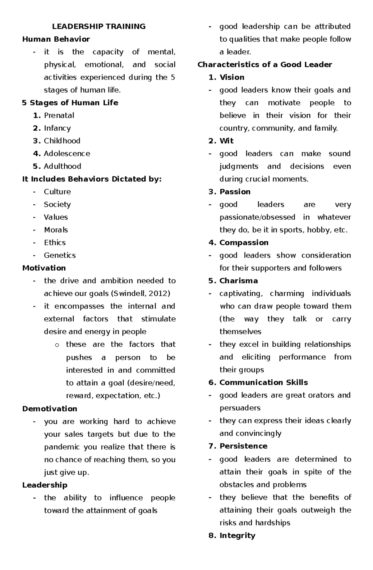 NSTP Midterm Reviewer LEADERSHIP TRAINING Human Behavior it is