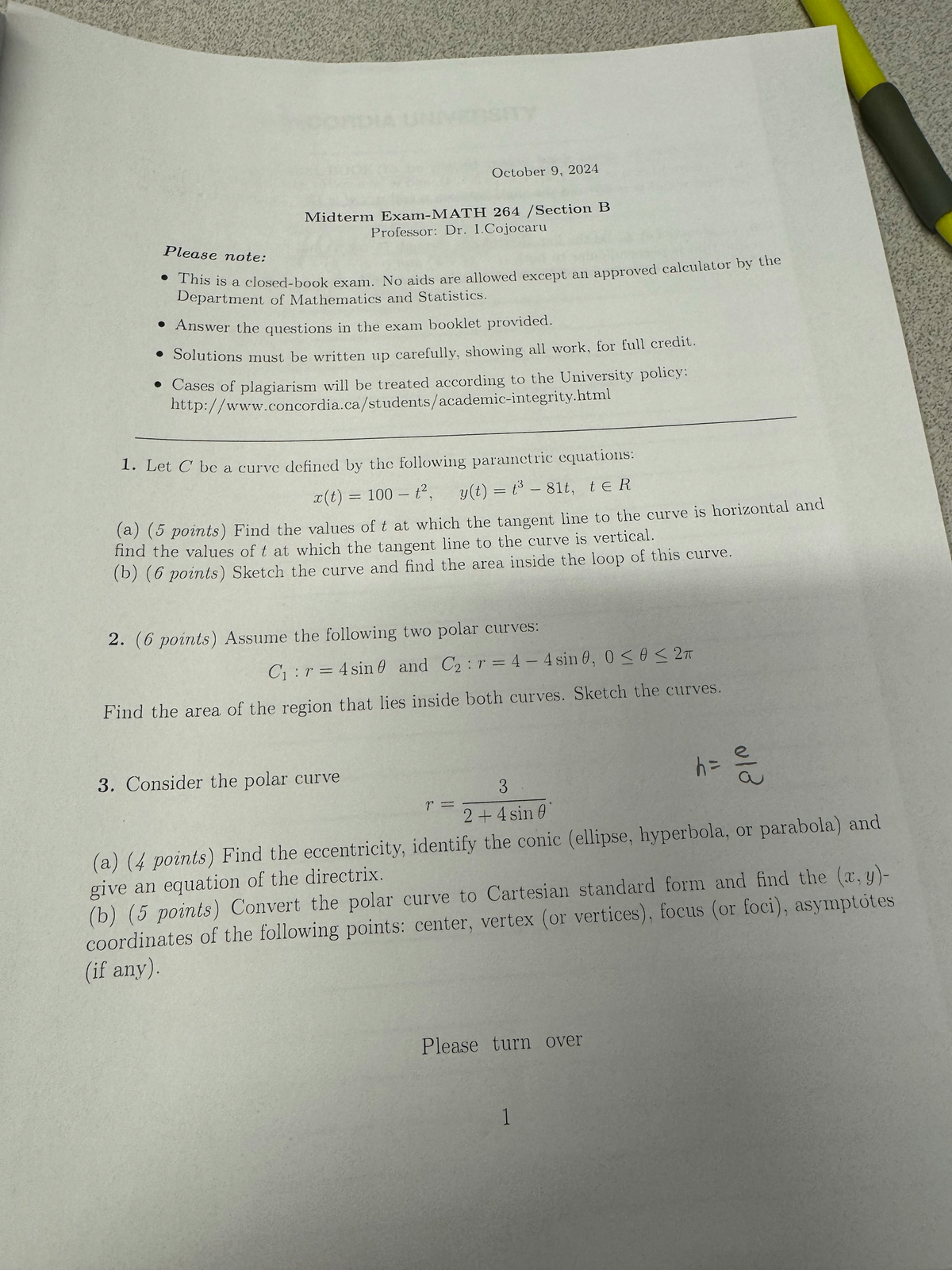 math 264 midterm exam 2024 fall #2 - October 9, 2024 Midterm 264 B ...