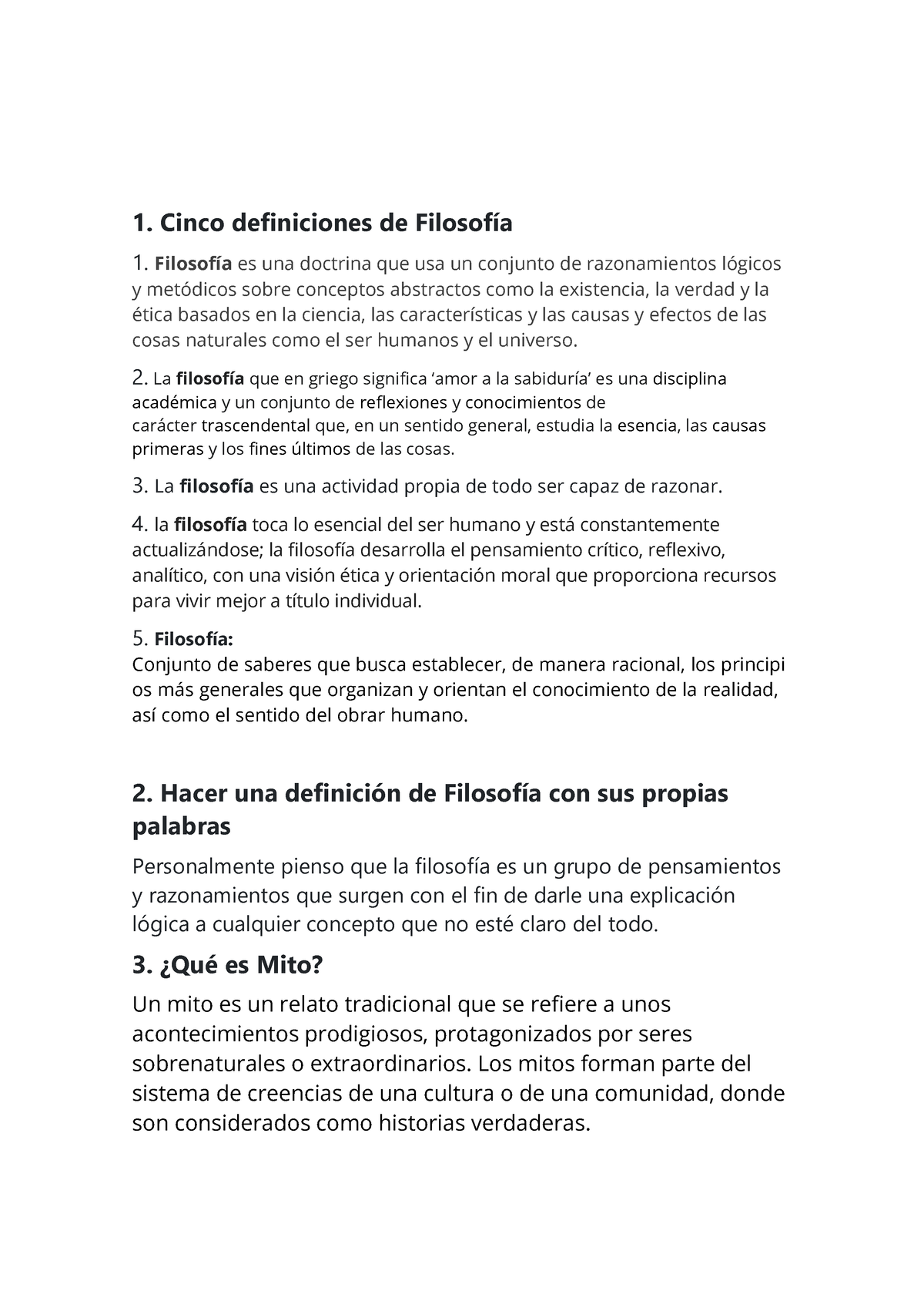 Filosofia X - Tarea De Preguntas - 1. Cinco Definiciones De Filosofía 1 ...