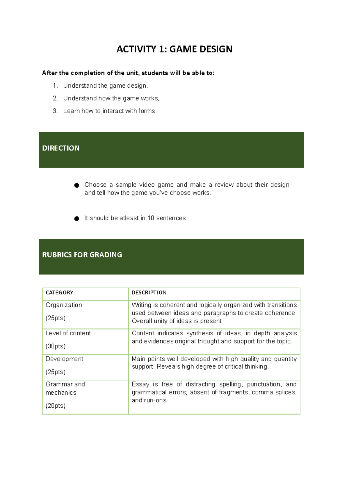 Game Design Activity - BS in Computer Science - Studocu