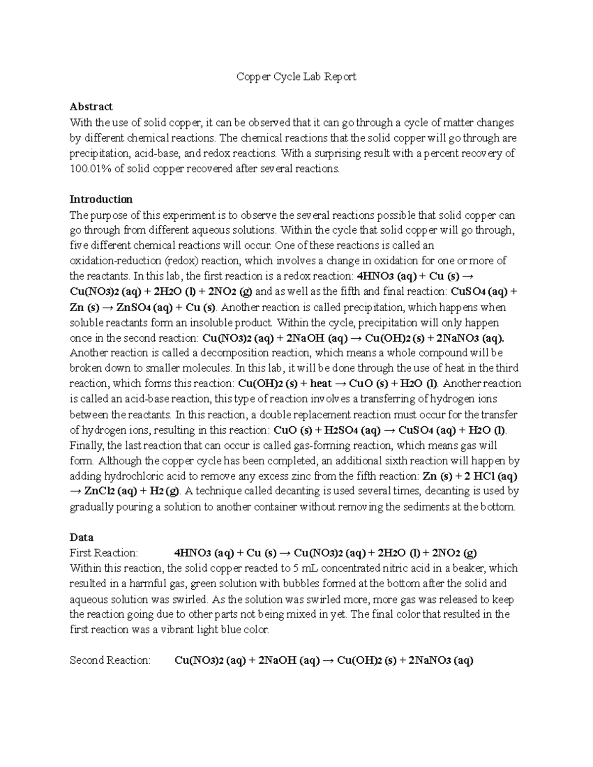 CHEM 227, Copper Cycle Lab - Copper Cycle Lab Report Abstract With The ...