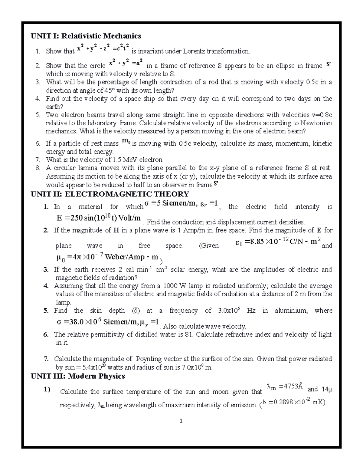 Numerical Question Bank 202021 UNIT I Relativistic Mechanics 1